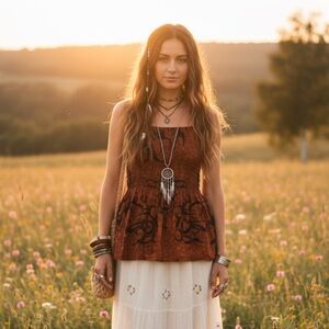 Peaceful People Boho Smocked Tank Top Brown Black Tribal Print Size L